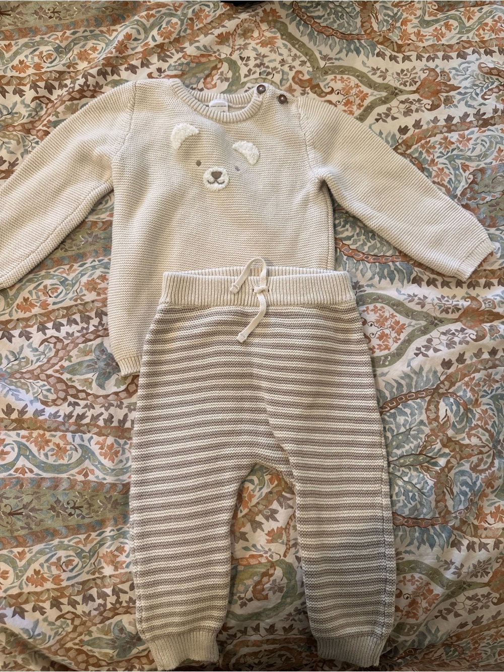 Carter's Cream Knit Bear Sweater & Striped Pants Set